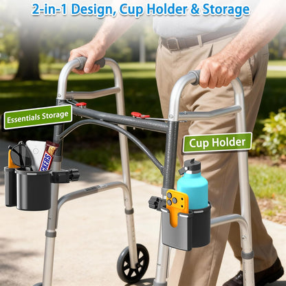 Universal Clamp-on 2-in-1 Cup Holder & Phone Holder for Stroller, Walker, Wheelchair, Fits 12oz-40oz Drinks, Multifunctional Storage Organizer, Pack of 2