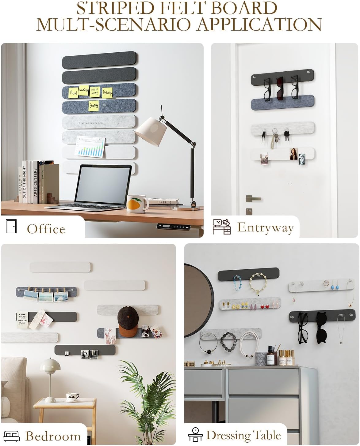 JBER Felt Strip Board 5 Pack 13"x2", Cork Board Alternative Pin Bulletin Board, Self-Adhesive Vision Board with 25 Push Pins for Walls, Office & Home Decor(Light Camel)