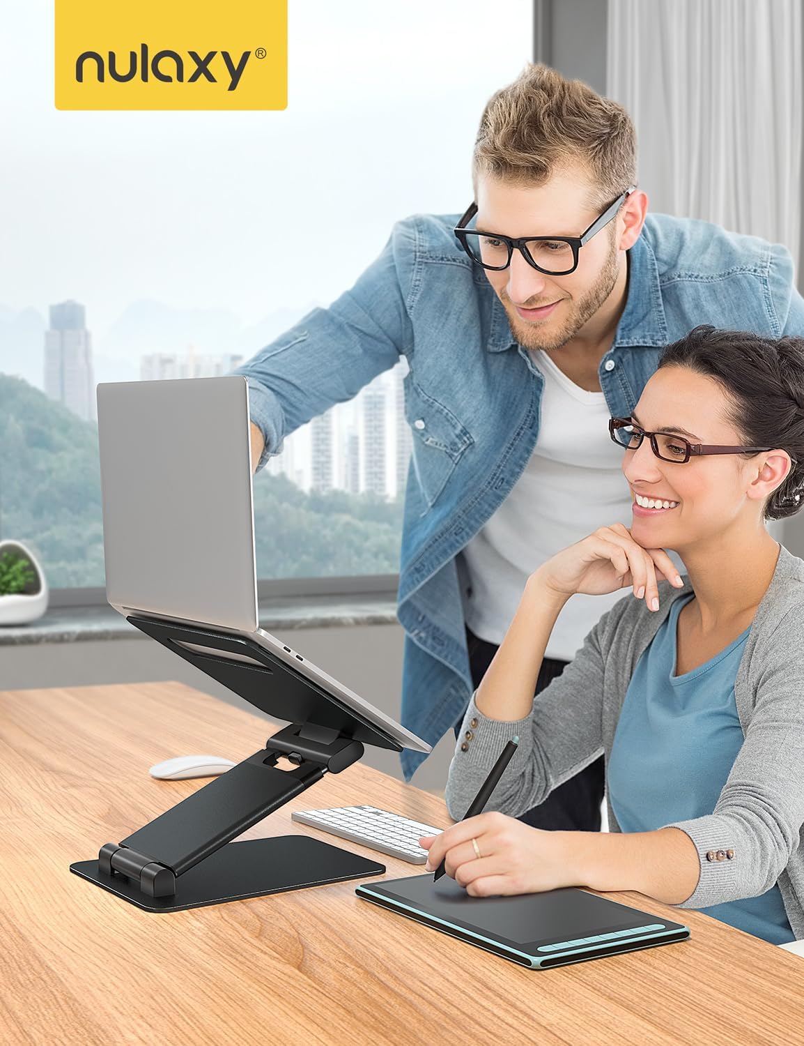 Nulaxy Height Adjustable Laptop Stand for Desk, Dual Foldable Aluminum Computer Riser, Pull Out Design Ergonomic Sit to Notebook Holder Convertor, Compatible with All 10-17" Laptops, Tablets, Gray