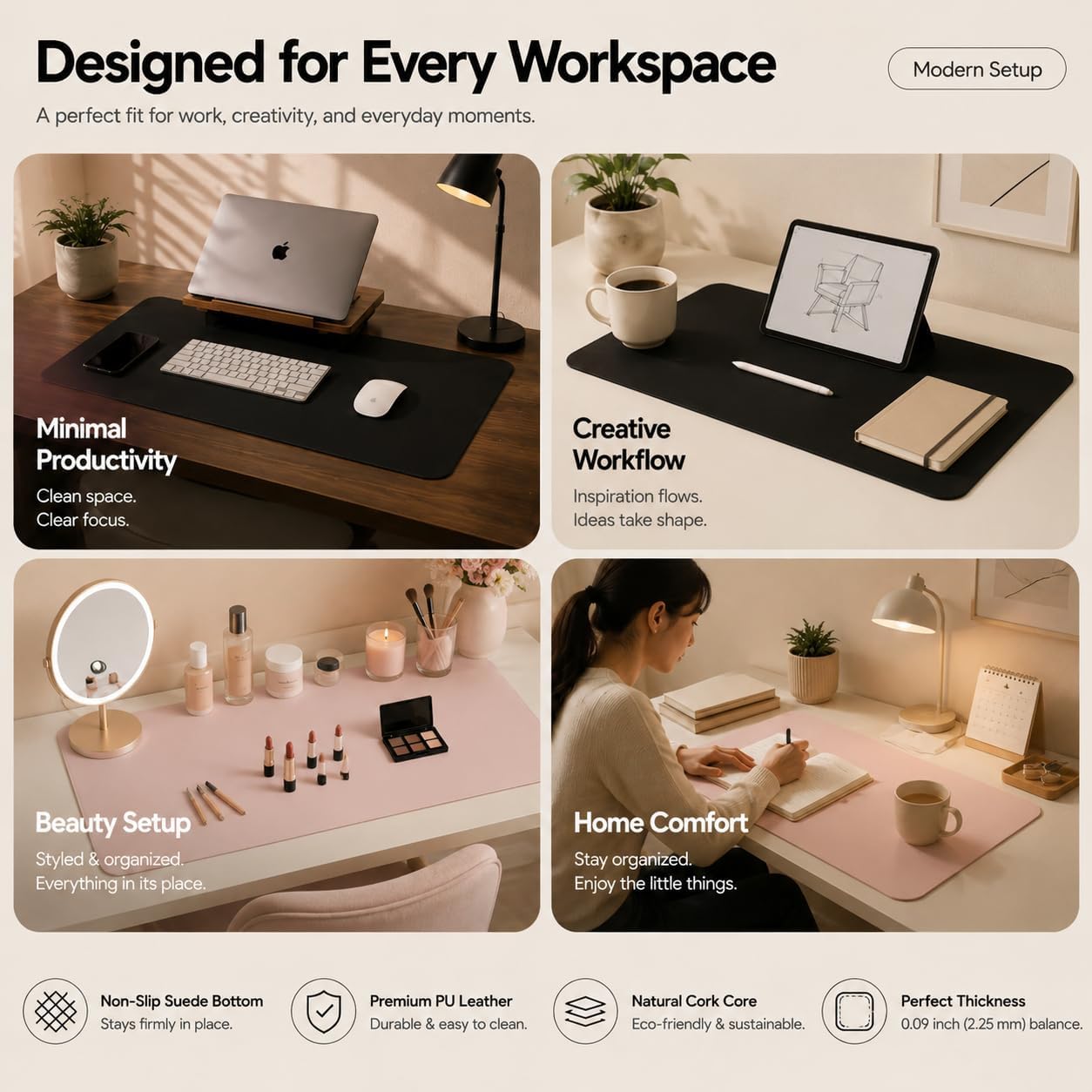 AFIING Large Desk Mat 47" x 17", Dual-Sided Natural Cork & PU Leather Desk Pad, Non-Slip Waterproof Mouse Pad for Office, Home & Gaming, Black
