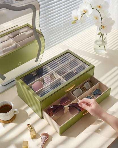 Lolalet Sunglasses Organizer for women, Multi Eyewear Storage Box with Drawer, Glasses Case Display Holder with Clear Top