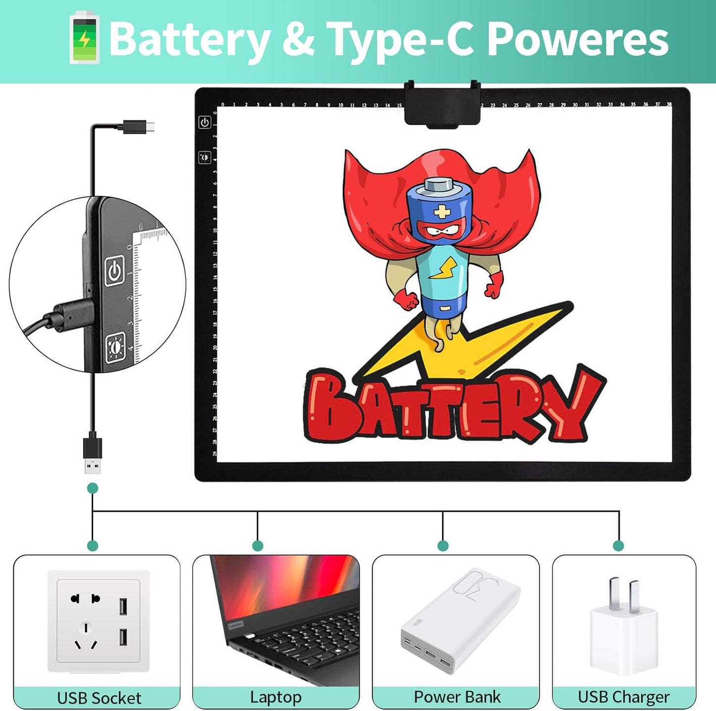 Rechargeable A4 Light Pad - Stepless Dimmable 6 Levels Brightness Tracing Light Box, Diamond Painting Light Board with Top Clip, Battery Powered Portable Light Pad for Weeding Vinyl Tracing