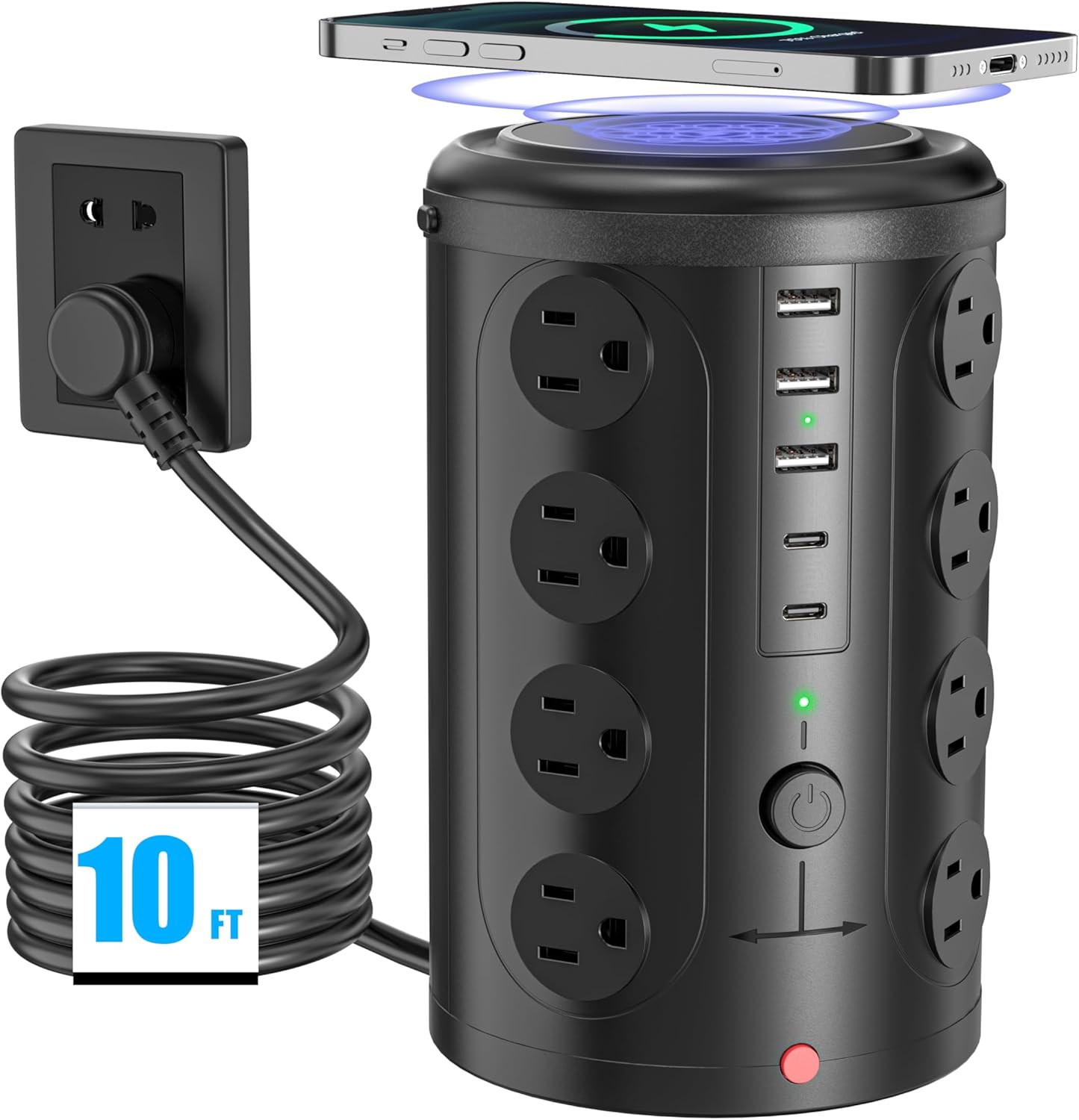 Tower Power Strip Surge Protector with 16 Outlets and 5 USB Ports (2 USB-C), 6FT Extension Cord with Multiple Outlets,Heavy Duty Charging Station,Home Office Dorm Room Essentials. No Wireless Charging
