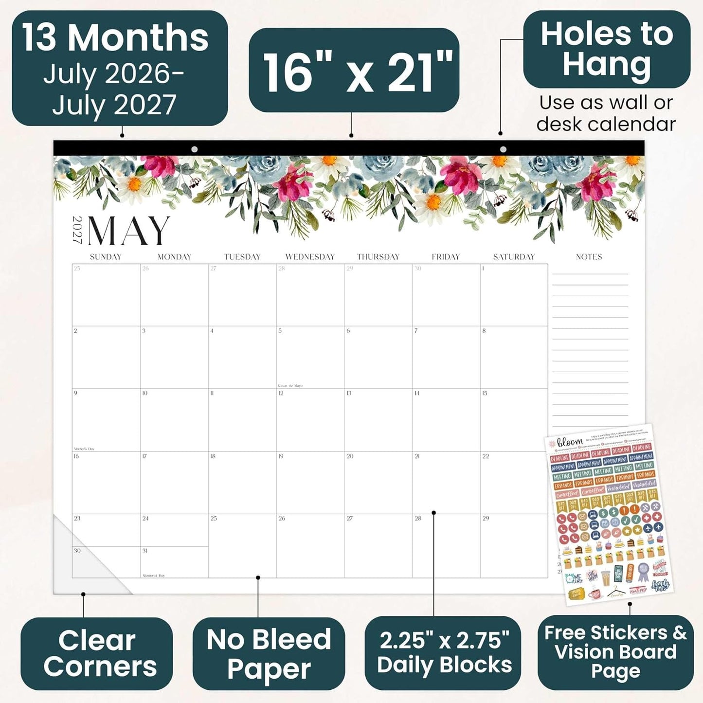 bloom daily planners Desk Calendar 2026-2027 - Academic Year Large Wall Calendar (July 2026 - July 2027) - 21” x 16” Desktop & Hanging Monthly Planner with Stickers for Home or Office - Seasonal