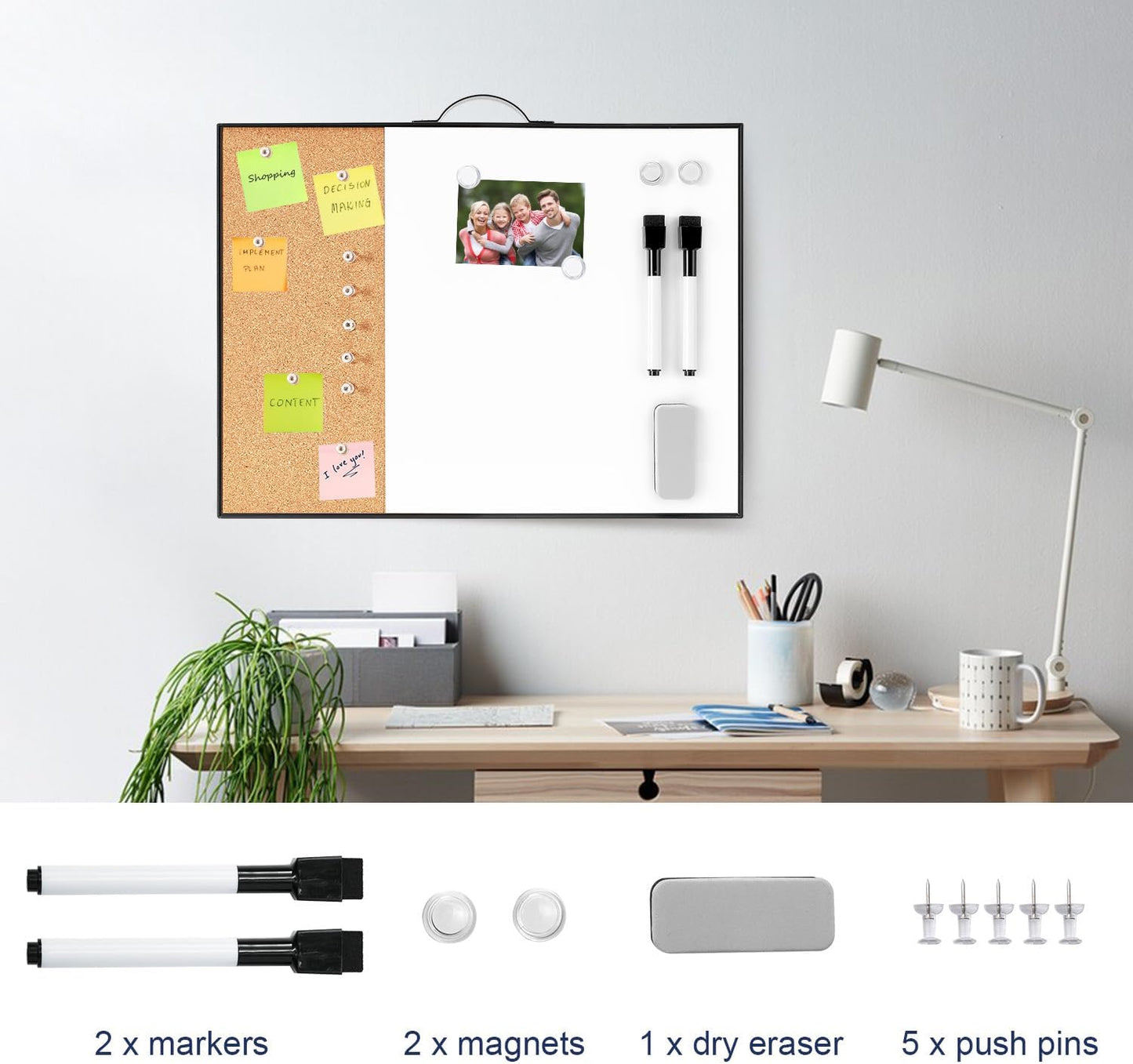 TSJ OFFICE Small Whiteboard Cork-Board - 16" X 12" Portable Aluminum Black Framed Magnetic Dry Erase Board, Small Bulletin Cork Board with Holder for Office, Home and School