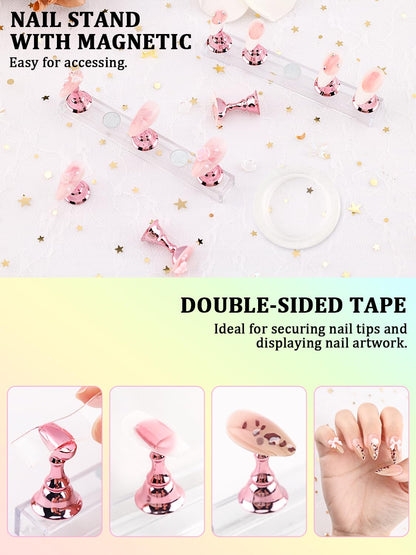 YOOVR Nail Art Tools Set, Nail Stand for Press on Holder for Painting Nails, Nail Art Brushes, Liner Brushes, Nail Dotting Tool, Must Haves Design Tools Supplies Kit for Nail Tech & Beginners (Pink)