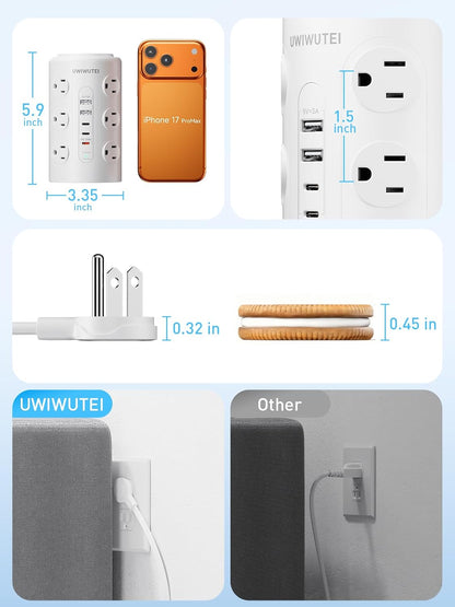 Tower Power Strip Surge Protector with 16 Outlets and 5 USB Ports (2 USB-C), 6FT Extension Cord with Multiple Outlets,Heavy Duty Charging Station,Home Office Dorm Room Essentials. No Wireless Charging