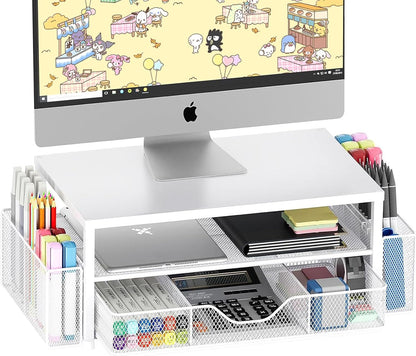 OPNICE Wood Desk Organizers and Accessories, 2-Tier Computer Monitor Stand Riser with Drawer and 2 Pen Holders, Laptop Stand, Office Desk Accessories for Office Supplies, Brown