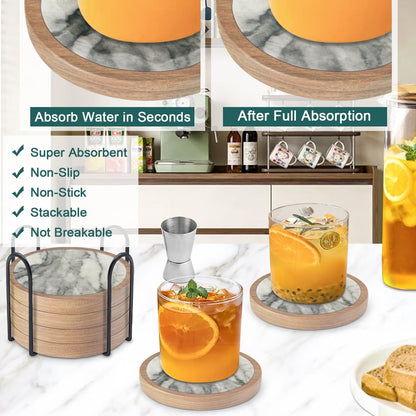 Wood Coasters for Drinks, Minacun Absorbent Coaster Sets of 5, Drinks Coasters for Coffee Tabletop Protection, Non-Slip, Non-Stick, Suitable for Kinds of Cups Wooden Table Drink, 4.3 Inches Black