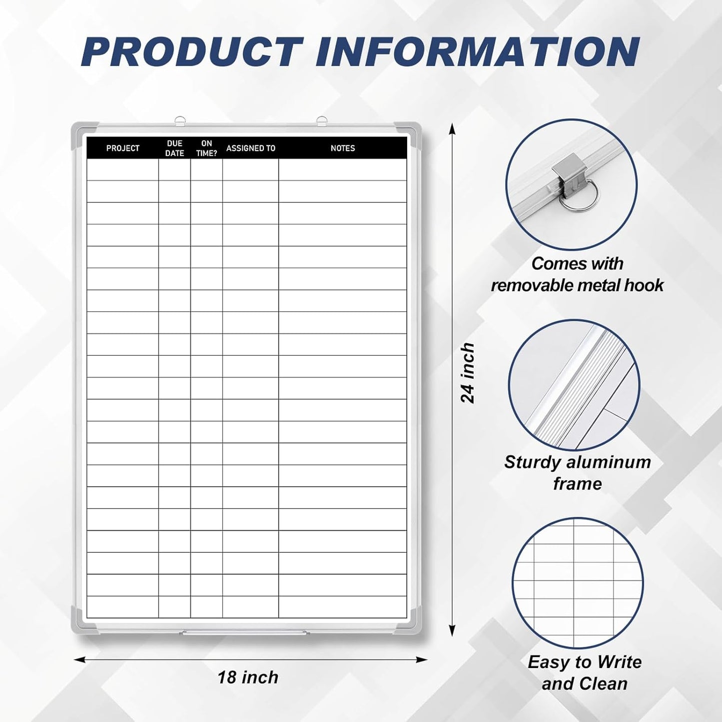 Lincia Aluminum Frame Dry Erase Board with Lines, Double Sided Wall-Mounted Whiteboard for Scheduling, to Do Lists & Weekly Planning, Reusable Calendar for Home & Work(Project Planning Board,24"x18")