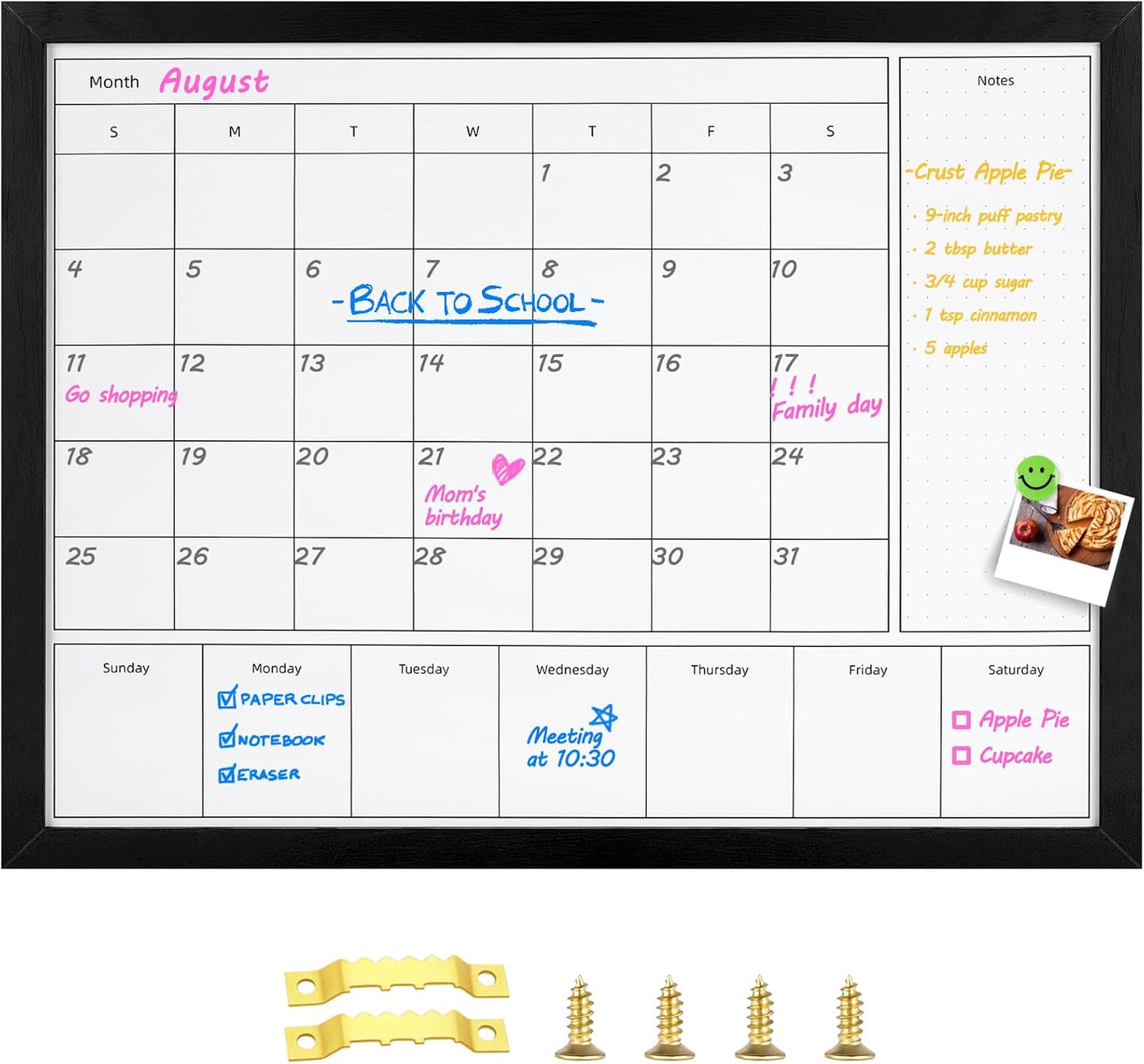 3-in-1 Dry Erase Calendar for Wall, 17x13 inches Magnetic Surface Monthly & Weekly Planner Whiteboard, Dry Erase Board with Black Wood Frame, Hanging White Board Calendar(YL+ZL-BK,4333)
