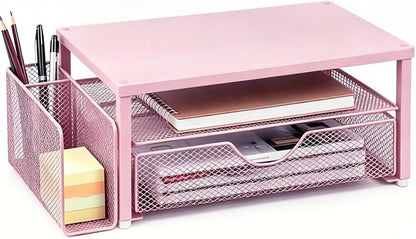Spacrea Desk Organizer and Accessories, Computer Monitor Stand Riser with Drawer and 2 Pen Holders, Office Desk Accessories & Workspace Organizers for Office Supplies (Wood)