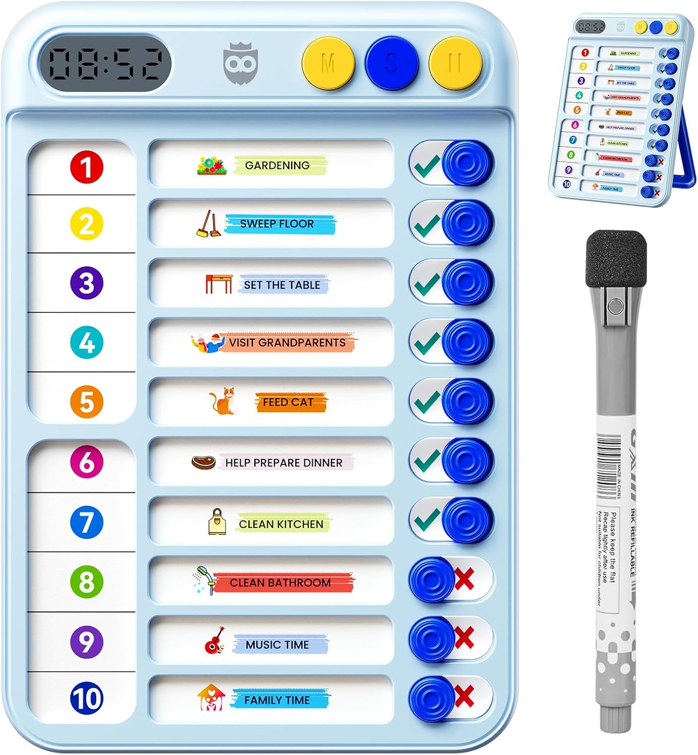 Chore Chart for Kids, Checklist Planning Board with Sliders, 19 Personalizable Sheets and Magnetic Marker, ADHD Tools for Kids to Do List Routine Chart Visual Schedule Board with Stand