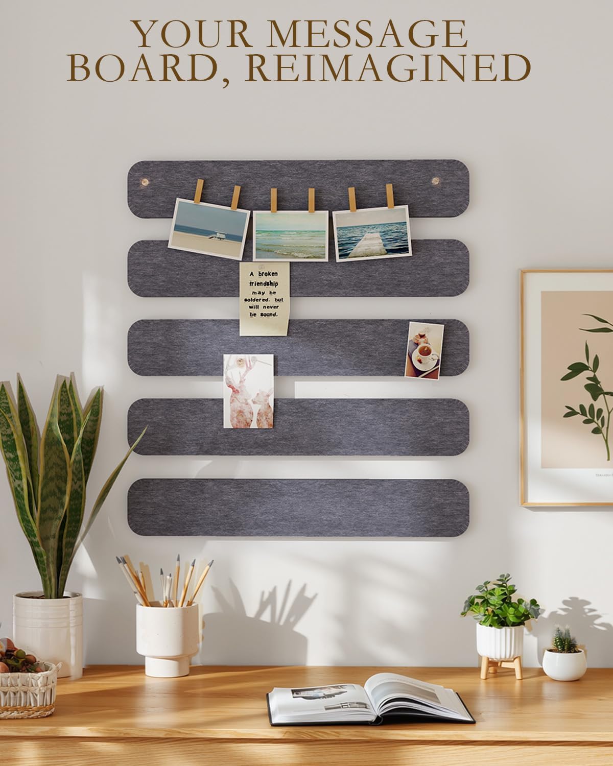 JBER Felt Strip Board 5 Pack 13"x2", Cork Board Alternative Pin Bulletin Board, Self-Adhesive Vision Board with 25 Push Pins for Walls, Office & Home Decor(Light Camel)