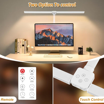 LED Desk Lamp for Office Dorm Home - Eye Caring Desk Light with Timer, Remote Control 24W Brightest Dual Screen Computer Monitor Gooseneck Dimmable Table lamp with Anti-Glare Cover Clamp