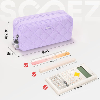 Sooez Large Pencil Case Pouch, Extra Big Pencil Bag with 8 Compartments, Pen Bag Wide Opening, Soft Quilted Pencil Pouch Organizer with Zipper, Portable Pencil Case for Teen Girls, Pink