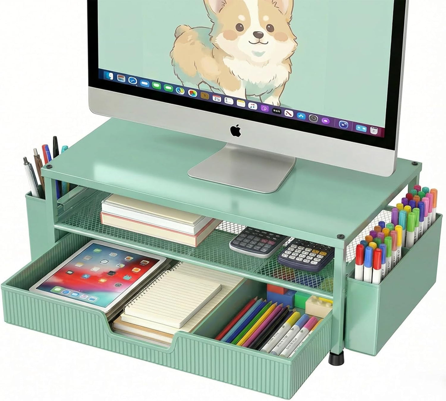 ECOLOVI Desk Organizer and Accessories, 2-Tier Computer Monitor Stand Rise with Storage Drawer & 2 Pen Holders, Laptop & Printer Stand for Desktop, Workspace Organizers for Office Supplies (Brown)