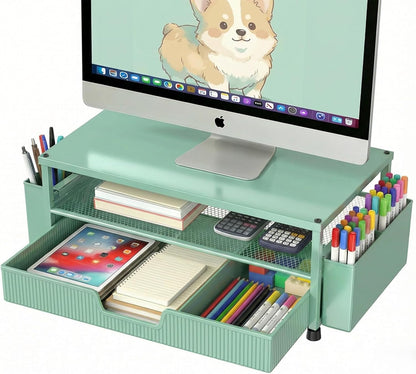 ECOLOVI Desk Organizer and Accessories, 2-Tier Computer Monitor Stand Rise with Storage Drawer & 2 Pen Holders, Laptop & Printer Stand for Desktop, Workspace Organizers for Office Supplies (Brown)