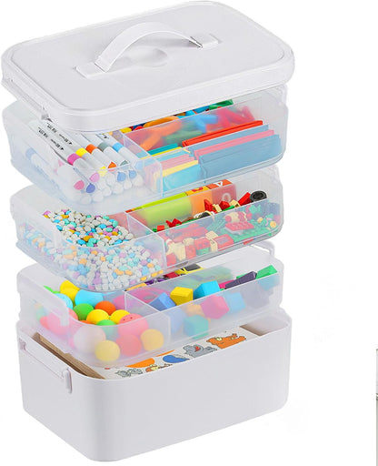 3-Layer Plastic Craft Organizers and Storage Box with Removable Trays, Storage Containers with lids and Handle, Art Supply Storage Organizer for Bead, Ornament, Nail Polish, Tape（10.62"x9"x7.67"）