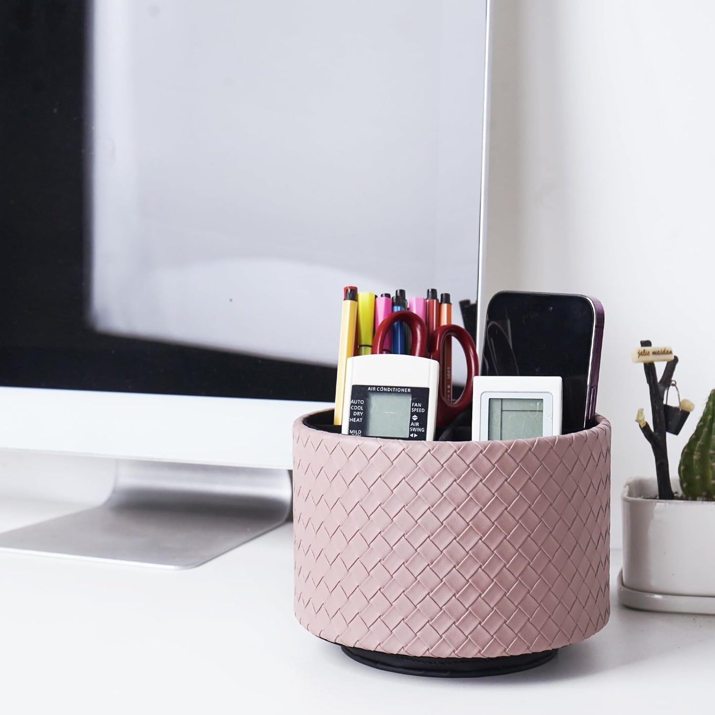 Round Leather Art Supply Organizer,Remote Control Holder,360 Degree Rotating,Multi-Functional Pencil Holder,4 Compartments Desktop Stationary Organizer(1-Fractal Flower) | Round - Colors C