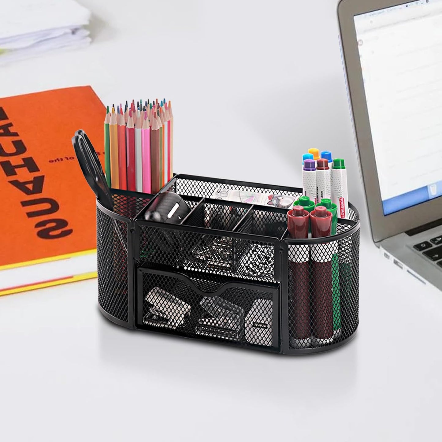 Comix 360° Rotating Pen Holder for Desk, 5 Compartments Office Desk Organizer, Black Mesh Metal Pencil Holder Cup for Office Home School
