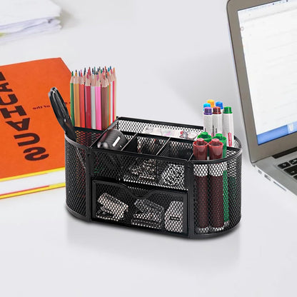 Comix 360° Rotating Pen Holder for Desk, 5 Compartments Office Desk Organizer, Black Mesh Metal Pencil Holder Cup for Office Home School
