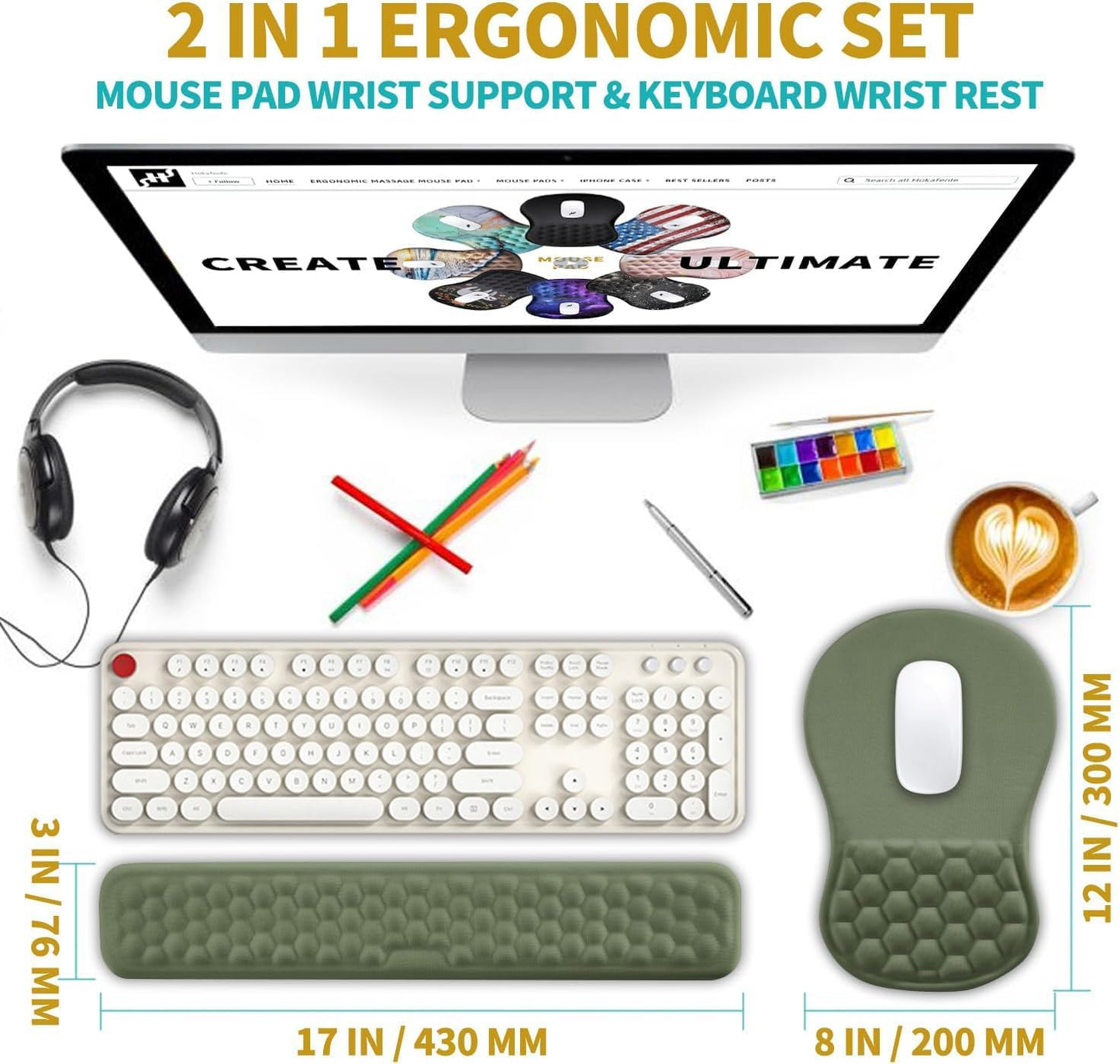 Hokafenle 2 in 1 Ergonomic Mouse Pad Wrist Support & Wrist Rest for Computer Keyboard Set, with Relieve Carpal Tunnel Pain Massage Bulge and Full Memory Gel Design (2In1 Set, Black)