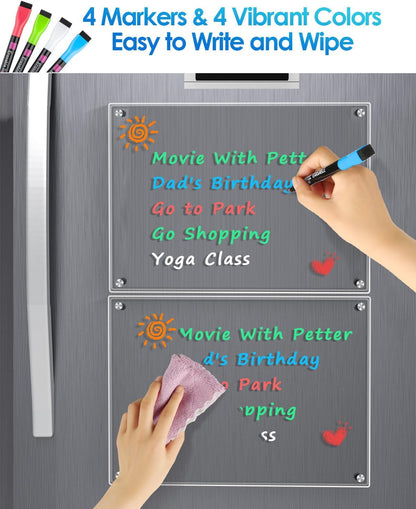 MaxGear 12"x8" Acrylic Magnetic Whiteboard for Fridge, Small Clear Refrigerator Dry Erase Board with 4 Markers and 1 Cloth, Smooth Writing and Easy Cleaning Blank Memo Grocery List for Home Planner