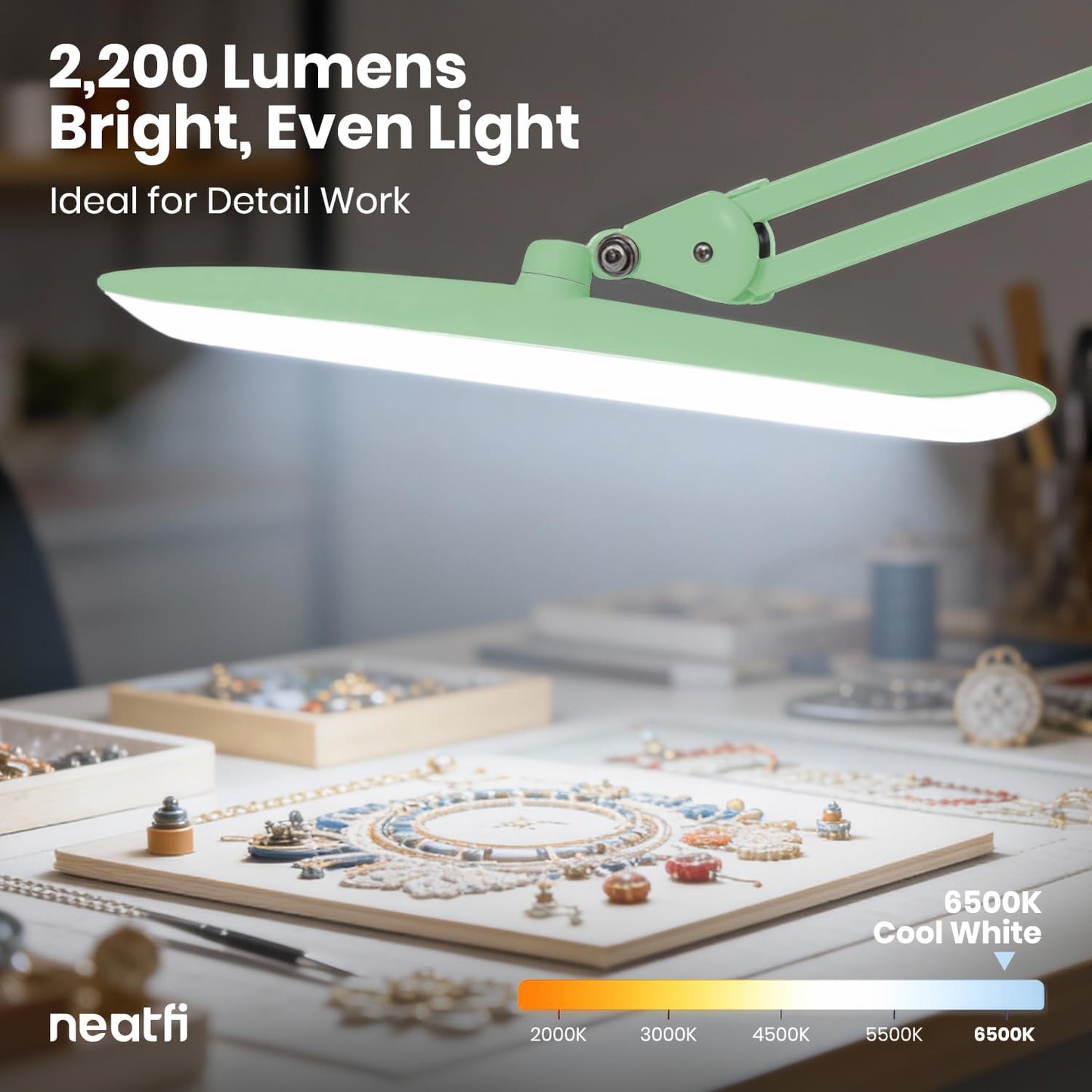 Neatfi XL 2200 Lumens 24W LED Desk Lamp – Shadow-Free Task Lighting | 4-Level Dimming | Home Office & Crafts Use | 20-Inch Wide Head (White, Non-CCT with Clamp)