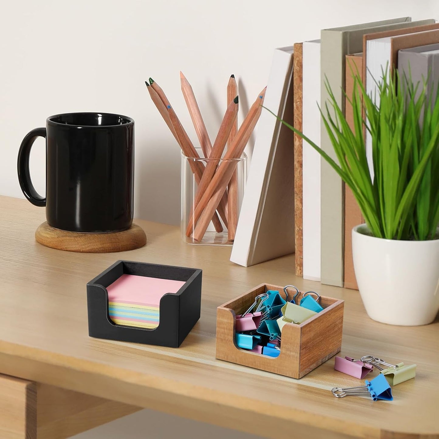 Bivvclaz Wood Sticky Note Holder, 3 x 3 Inch Post It Note Dispenser for Office Desk Accessories, Self Stick Note Pad Holder, Memo Pad Holder Dispenser Organizer for School Office Desk Supplies, Black