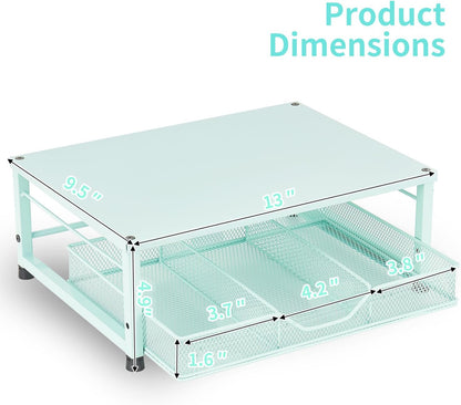 Wood Metal Monitor Stand Riser, Laptop Stand for Desk, Office Desk Organizer and Accessories, Computer Desktop Shelf with Drawer and Pen Holder, Printer Stand for Home, Office, Dorm (Natural Wood)