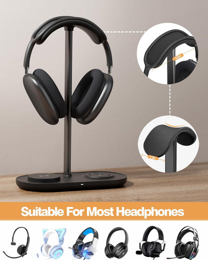 HiWe 4-in-1 RGB Gaming Headphone Stand with Dual Controller Holder, Wireless Charger for iPhone/Apple Watch, USB-A & USB-C Outputs, Adapter Included, Black