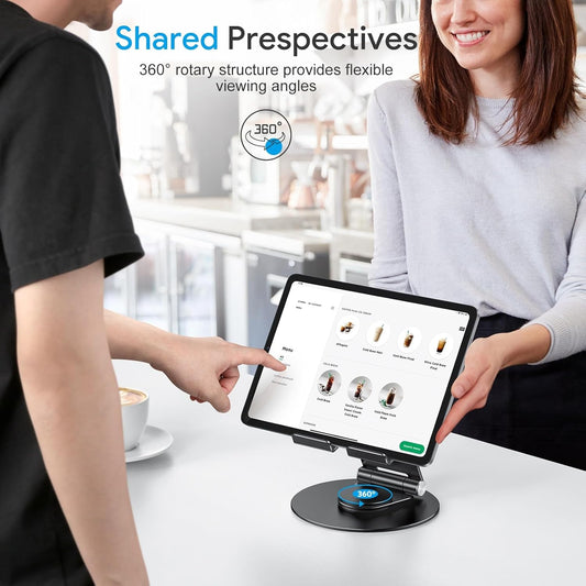 OMOTON T6 Swivel Tablet Stand for iPad with 360 Rotating Base, Foldable Adjustable Holder for Drawing, Compatible with iPad Pro/Air/Mini and More, Silver