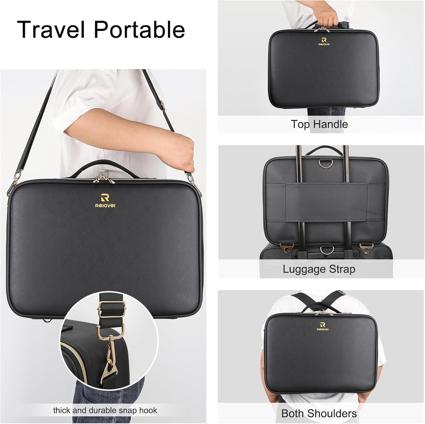 Relavel Makeup Case Large Makeup Bag Professional Train Case 16.5 inches Travel Cosmetic Organizer Brush Holder Waterproof Makeup Artist Storage Box, 3 Layer Large Capacity, with Adjustable Strap