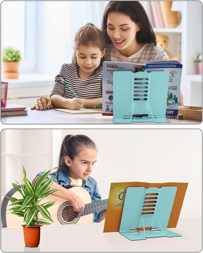 MSDADA Desk Book Stand Metal Reading Rest Book Holder Adjustable Cookbook Documents Holder Bookstands for Recipes Textbook Music Books, the First Day of School Gift for Students, Teachers (Light Blue)