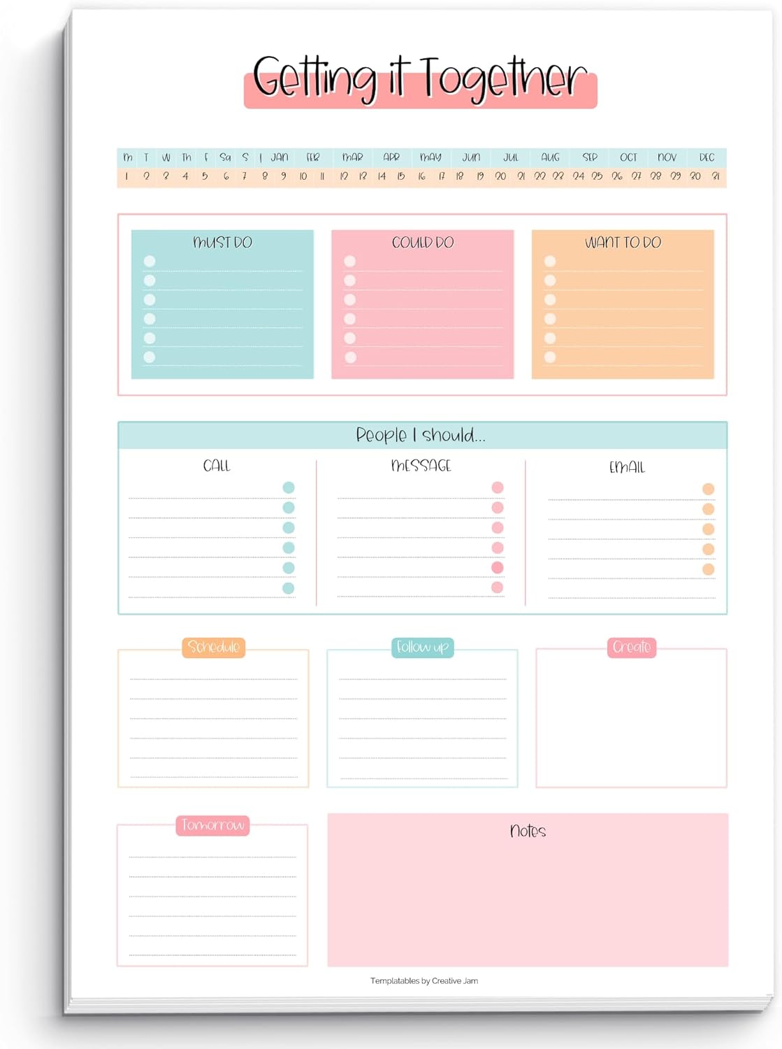 Templatables Brain Dump Notepad, To Do List Desk Pad, Productivity Planner, ADHD Daily Planner | 50 Undated Tear Away Sheets A4 (Colorful)