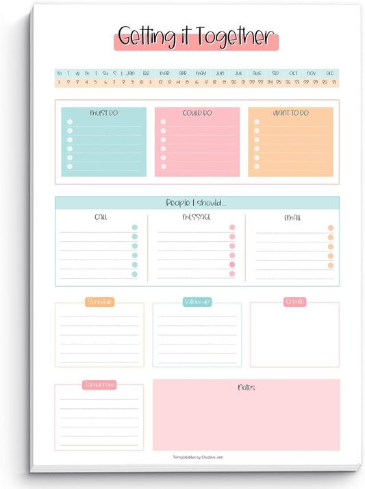 Templatables Brain Dump Notepad, To Do List Desk Pad, Productivity Planner, ADHD Daily Planner | 50 Undated Tear Away Sheets A4 (Colorful)