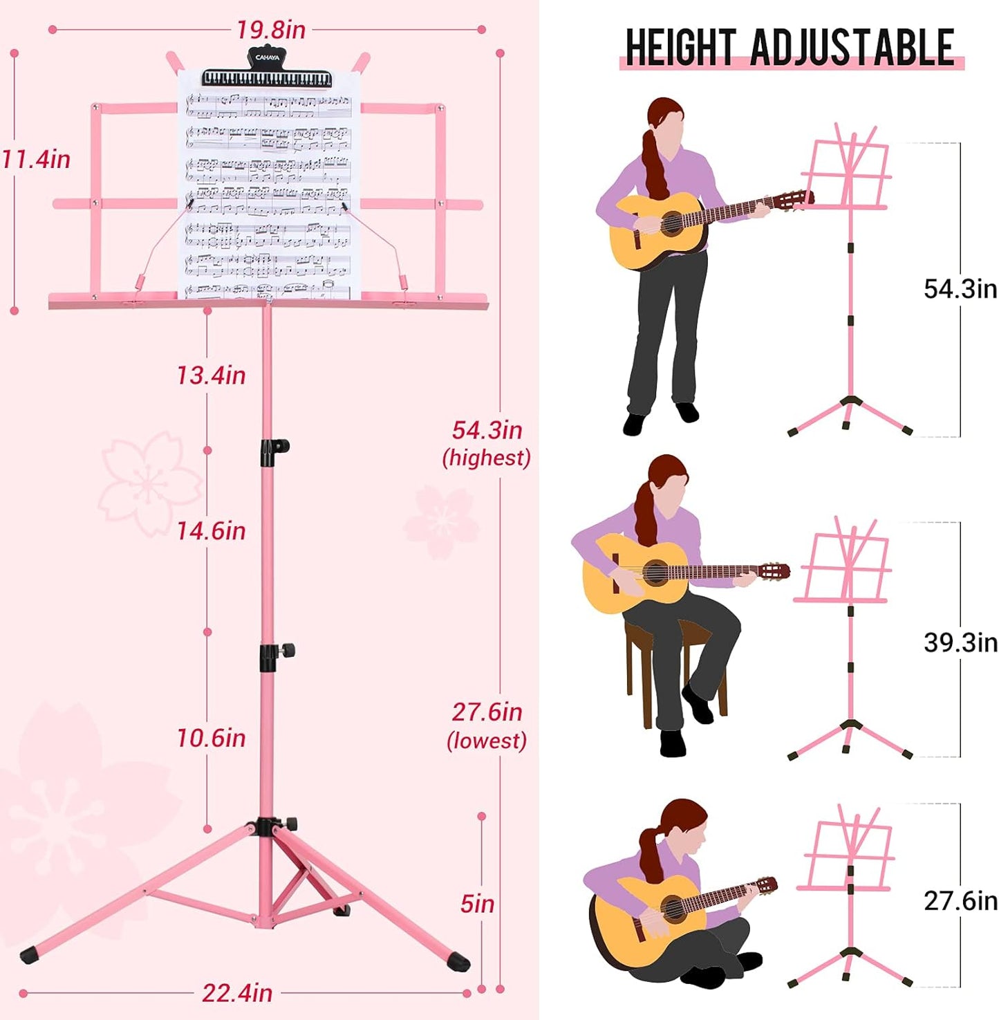 CAHAYA Portable Sheet Music Stand: Dual Use Desktop Book Holder Folding Lightweight Extra Stable Reinforced with Carrying Bag and Clip for Students Musicians Height Adjustable up to 54.3" CMS0204