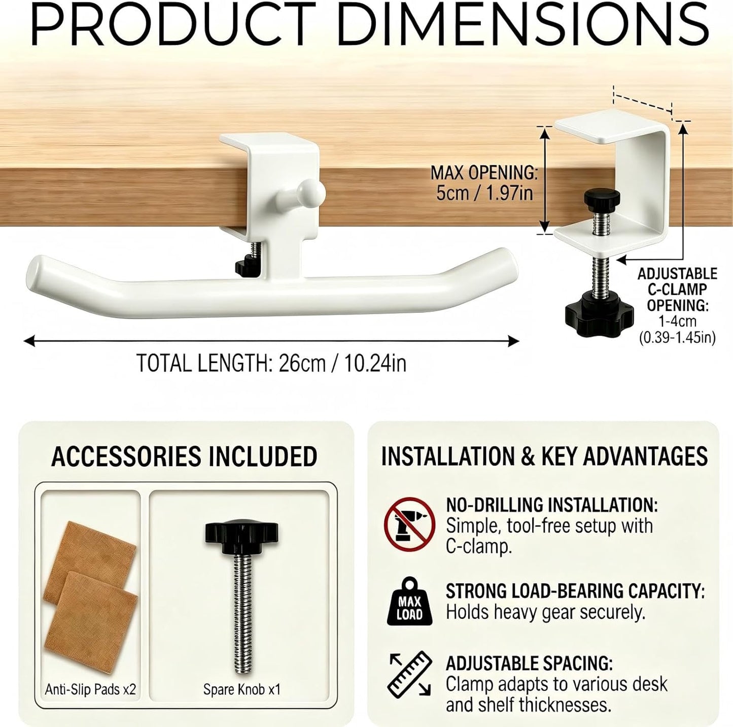 Desk Hook for Bag, Adjustable Purse Hook for Table (1-4cm/0.39-1.45in), Heavy Duty Carbon Steel Backpack Hanger, 80lb Capacity Clamp-On Bag Holder for Office, Classroom, Cafe, Home, and Gaming (White)