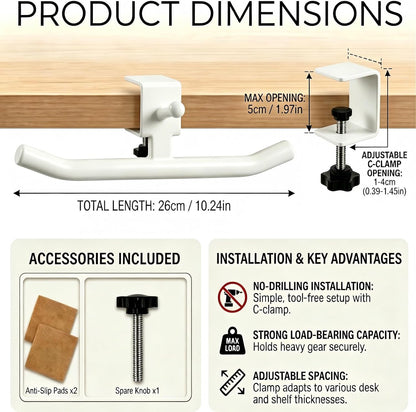 Desk Hook for Bag, Adjustable Purse Hook for Table (1-4cm/0.39-1.45in), Heavy Duty Carbon Steel Backpack Hanger, 80lb Capacity Clamp-On Bag Holder for Office, Classroom, Cafe, Home, and Gaming (White)