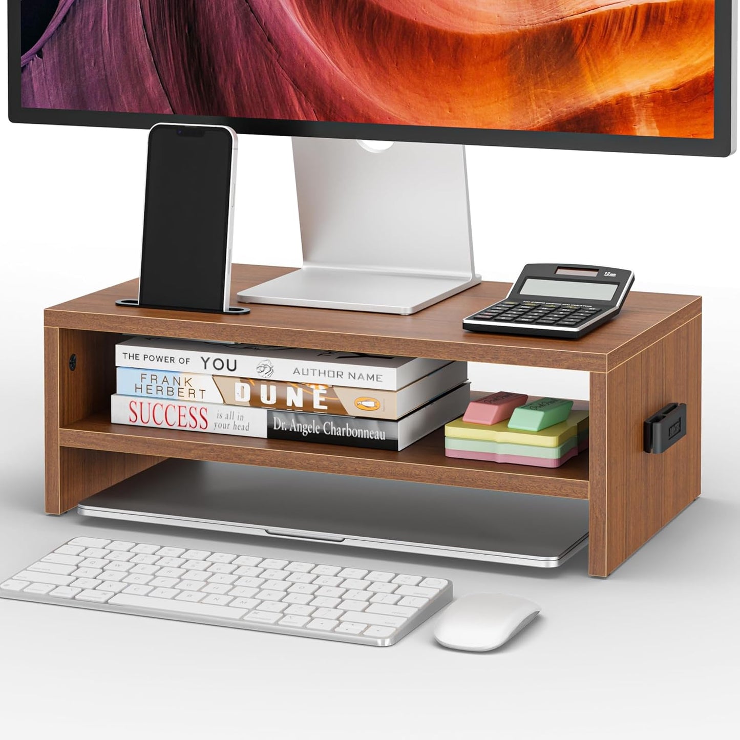 BONTEC Wooden Monitor Stand Riser for Desk, 2-Tier Computer Monitor Stand with Storage, 66 lbs Desk Shelf Organizer, Laptop & Printer Stand with Phone Holder and Cable Management, White, 16.5 Inch