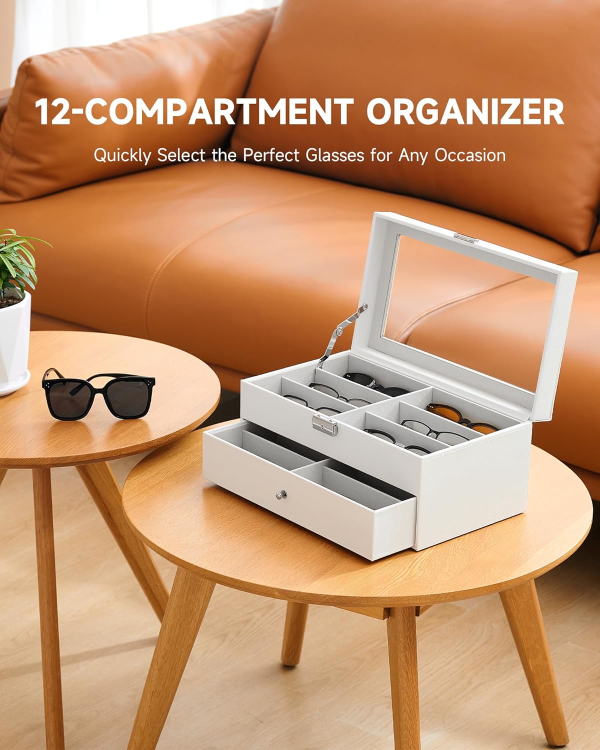 CO-Z Sunglasses Organizer with 12 Slots, Multiple Eyeglasses Eyewear Display Case for Women Men, 2 Story Leather Multi Sunglasses Jewelry Collection Holder with Drawer