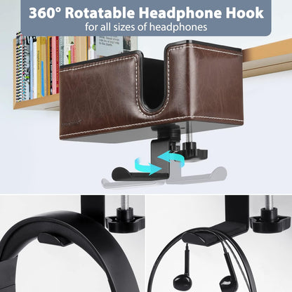 Desk Cup Holder Clip on Pen Holder Headphone Hanger Headset Stand Rotatable Clamp Hook Under Desk (Black)