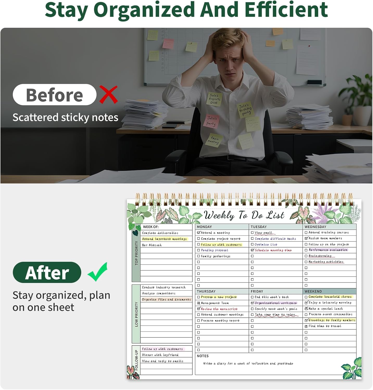 104 Pgs Weekly To Do List Notepad, 52 Duplex-Printed Undated Sheets 100 GSM（8.5"×11") Weekly Desk Planner For Work Home School Office Desk Accessories Supplies & Goal Setting Tasks - Green