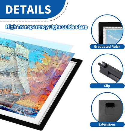 Rechargeable A3 LED Light Pad, 6-Levels Brightness & Adjustable Stand for Diamond Painting, Tracing, Art Large Drawing Board with Clip (16.5"x11.7")