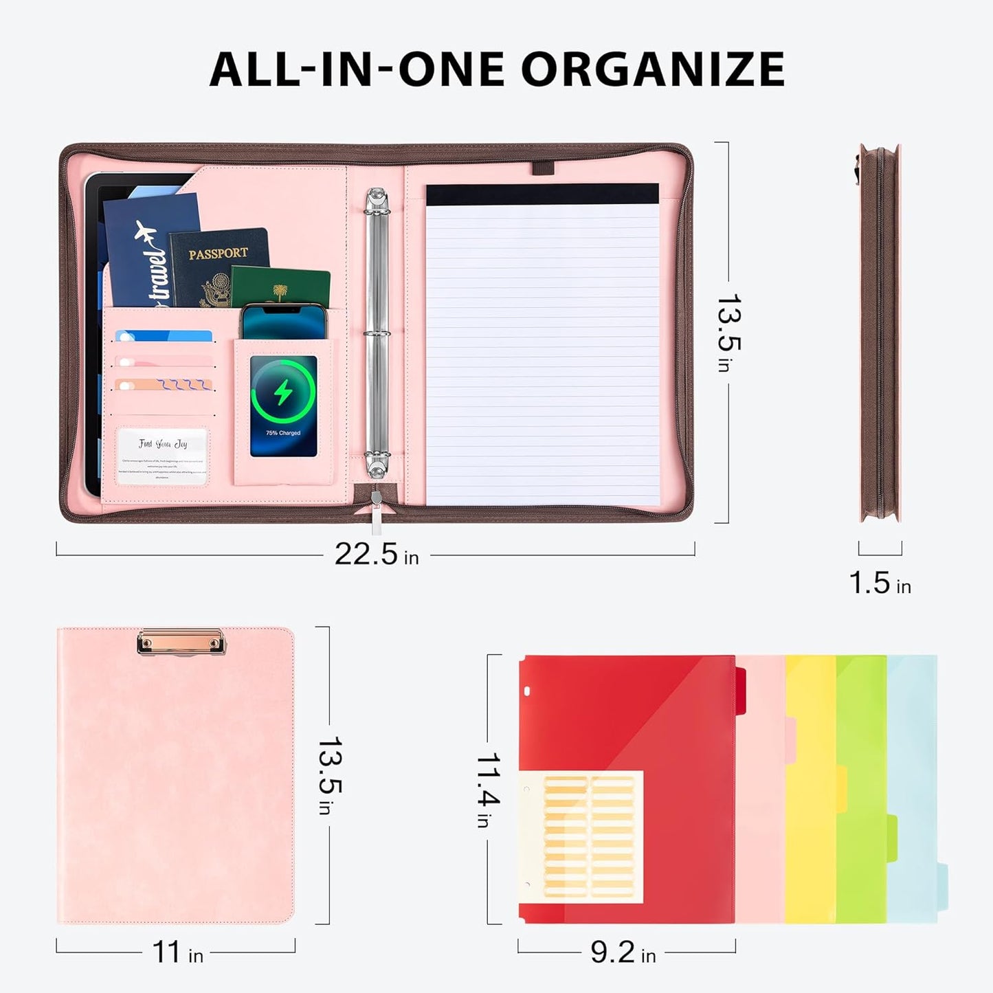 Ospelelf Zippered Padfolio Organizer, Faux Leather 3 Ring Binder with Clipboard, Letter Size Business Portfolio with Notepad, Tablet Sleeve & Phone Pockets for Office Work Brown