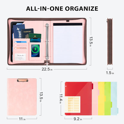 Ospelelf Zippered Padfolio Organizer, Faux Leather 3 Ring Binder with Clipboard, Letter Size Business Portfolio with Notepad, Tablet Sleeve & Phone Pockets for Office Work Brown
