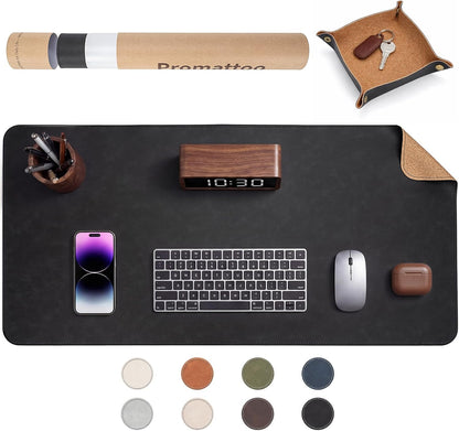 Premium Faux Leather Desk Mat & Tray Set，Innovative Cork-Look Printed Base，Gift Tube Packaging，Full-Desk Coverage，Non-Slip Desk Pad for Office Home（Olive Green）