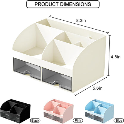 COMFYROOM Desk Organizer with 6 Compartments and 2 Drawers, Plastic Makeup Organizer, Pen Holder for Desktop Storage, Desk Organization for School, Home, Office Supplies (White)