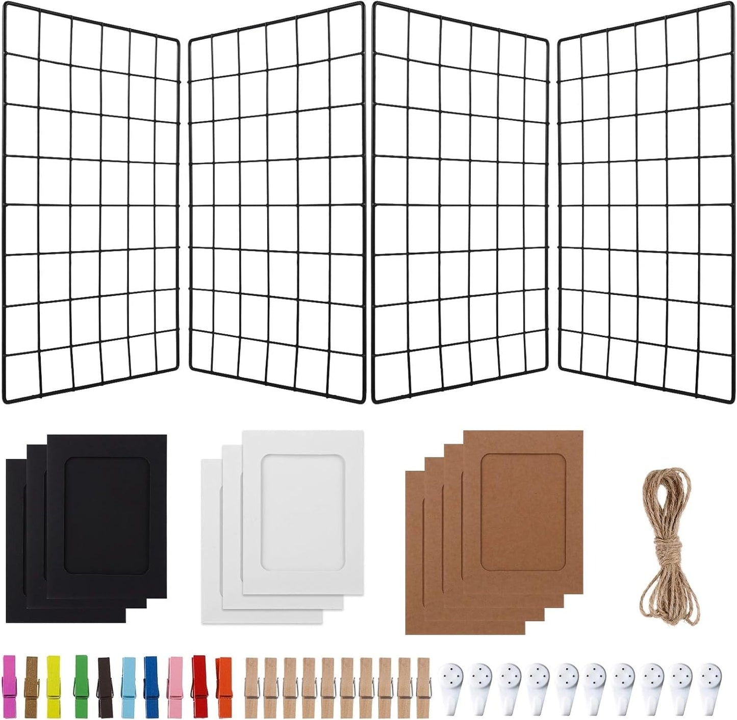 Lnrueg Wire Wall Grid Panel with Wall Grid Shelf with Photo Frames for Photo Display, Metal Mesh Message Board Memo Boards, Heavy Duty Gridwall Display Rack for Art Retail Display (Black-A)